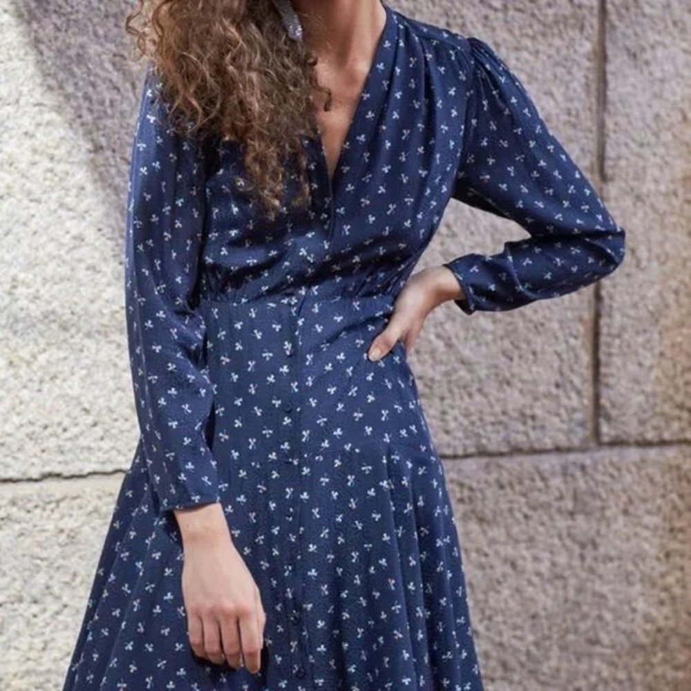 Rebecca Taylor Floral‎ Silk Blend Mini Dress Navy Size 4 Long Sleeve